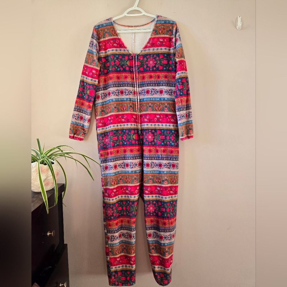 Natural Life Boho Floral Fleece Zip-Up Jumpsuit - Size Small